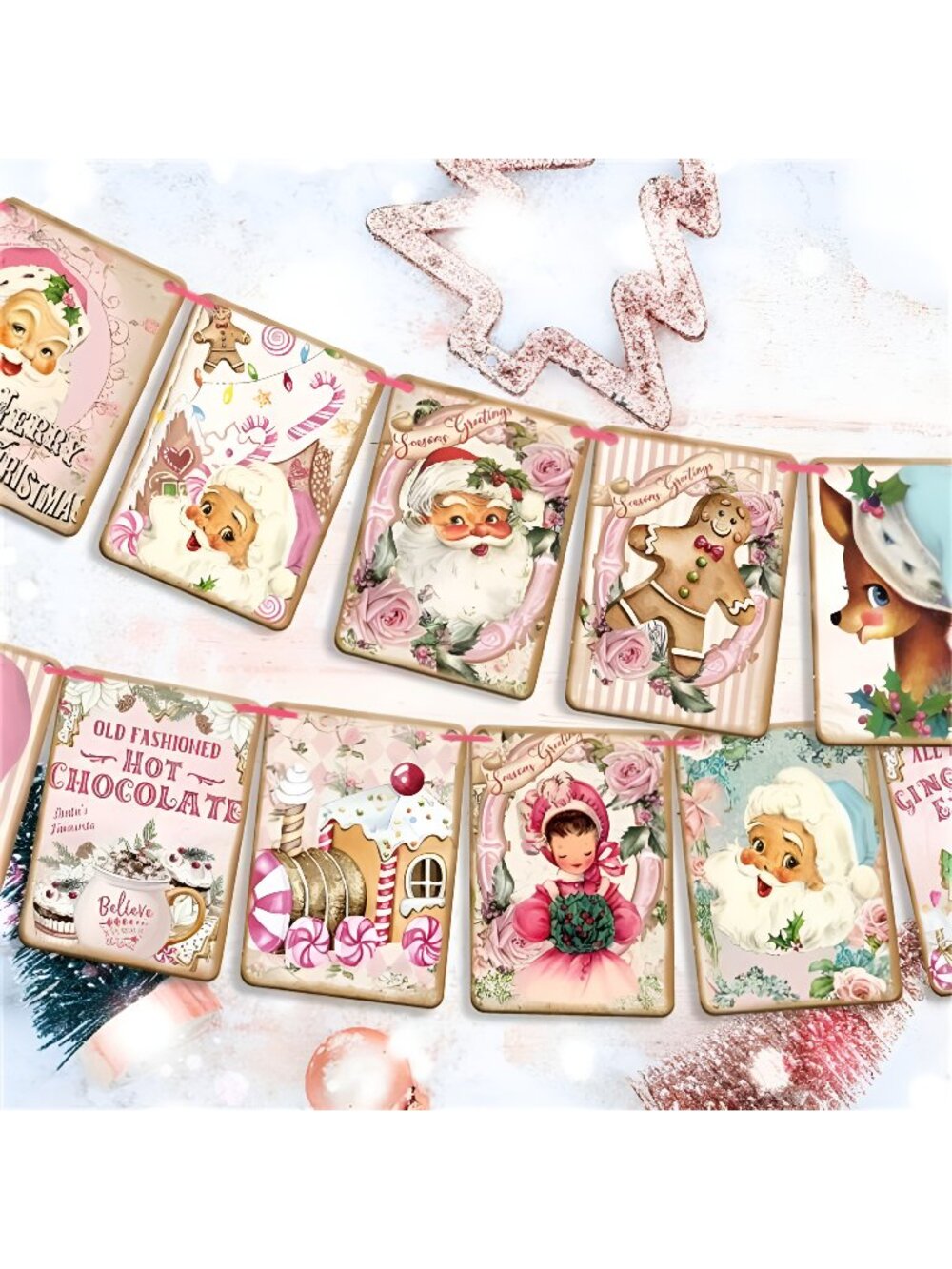 Pink Christmas Decor Vintage Santa Claus Banner Merry Christmas Hanging Banner